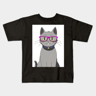 Cute Grey Cat with Nerdy Pink Glasses - Anime Wallpaper Kids T-Shirt